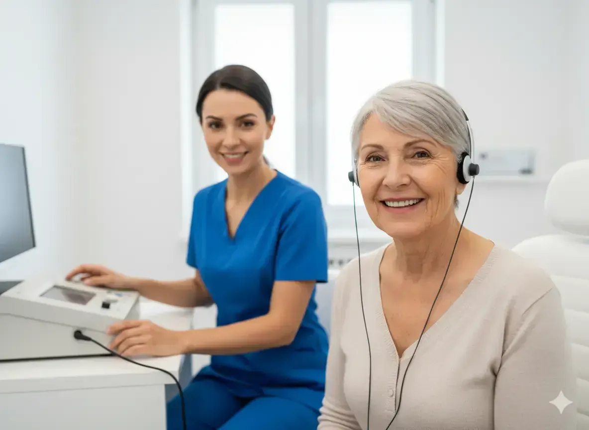 Personne âgée portant une aide auditive